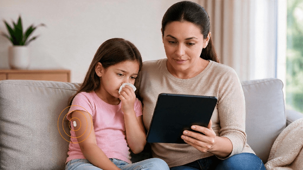 Mãe e filha com adesivo Avizo Pulse para monitoramento familiar